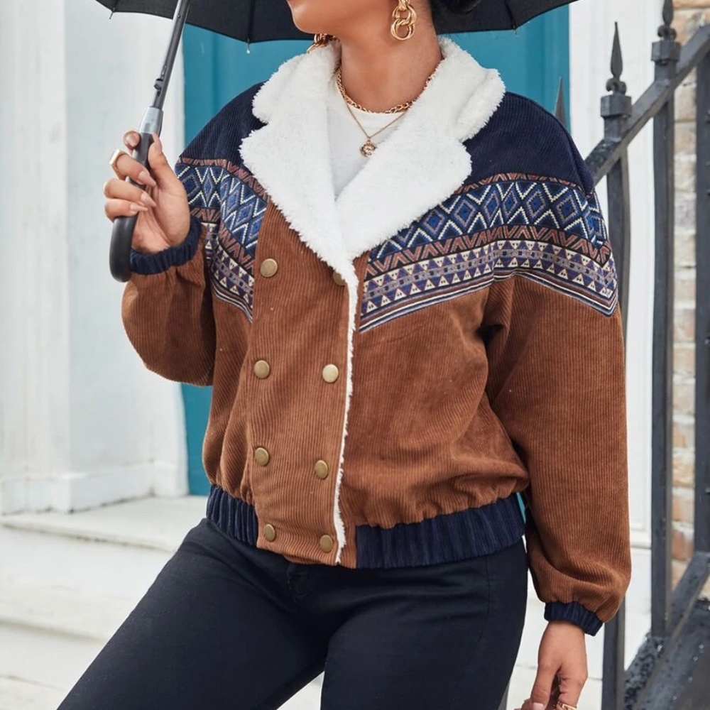 Cozy corduroy Teddy tribal print button jacket - Picture 5 of 5